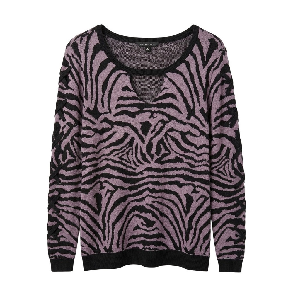 Rock and Republic Womens Purple Zebra Print Lace‎ Up Sleeve Cutout Sweater Large